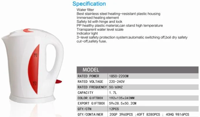 Kitchen Electric Plastic Kettle with 1.7L Capacity